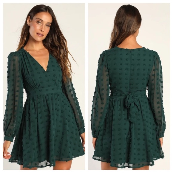 NWOT Lulus Always on Repeat Emerald Green Clip Dot Long Sleeve Mini Dress - Picture 6 of 12